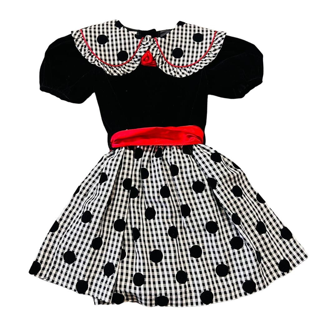 Vintage Girls Atlanta Black White Red Polka Dots Rose Formal Dress 5T